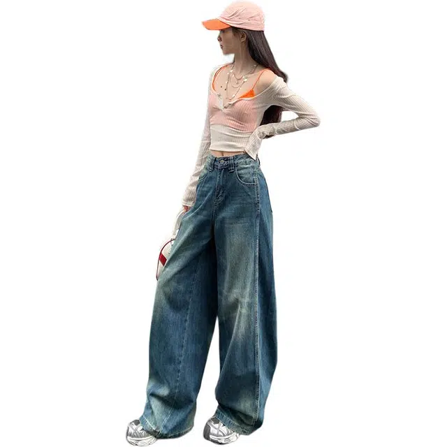 玫丝朵 美式复古潮流做旧设计时尚百搭宽松直筒垂感拖地牛仔裤 女款