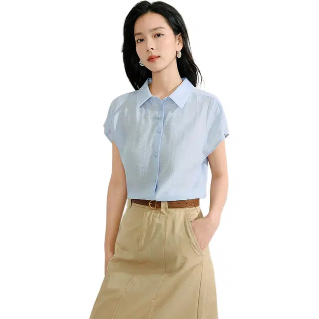 茵曼 通勤百搭简约短袖衬衫 女款 浅蓝色