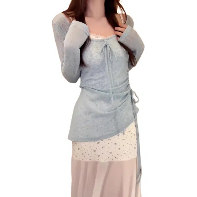 海獭 大码胖妹妹纯欲风蕾丝碎花收腰显瘦仙气连衣裙防晒罩衫裙装套装 女款