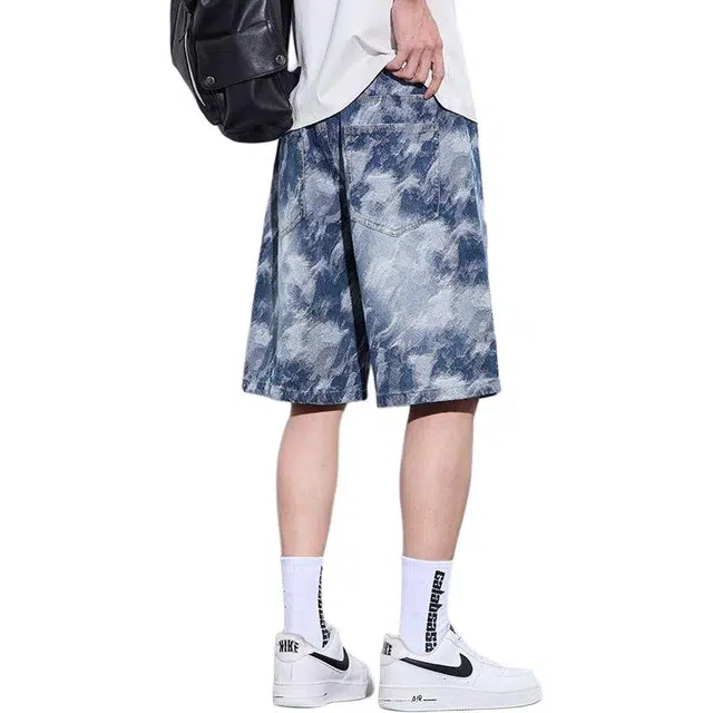 潮人榜 美式高街不规则提花设计感潮流百搭夏季薄款宽松舒适松紧腰抽绳直筒五分牛仔短裤 男款