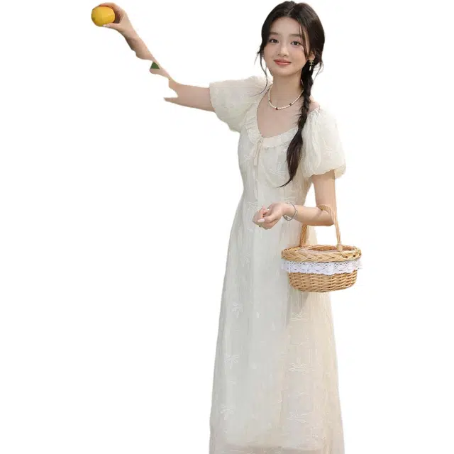 鹿向南 蕾丝刺绣泡泡袖方口领收腰短袖连衣裙 女款