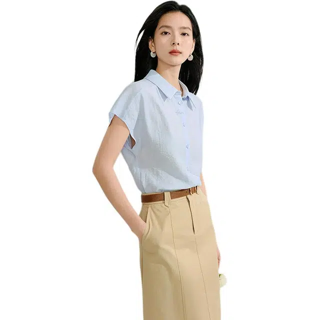 茵曼 通勤百搭简约短袖衬衫 女款 浅蓝色