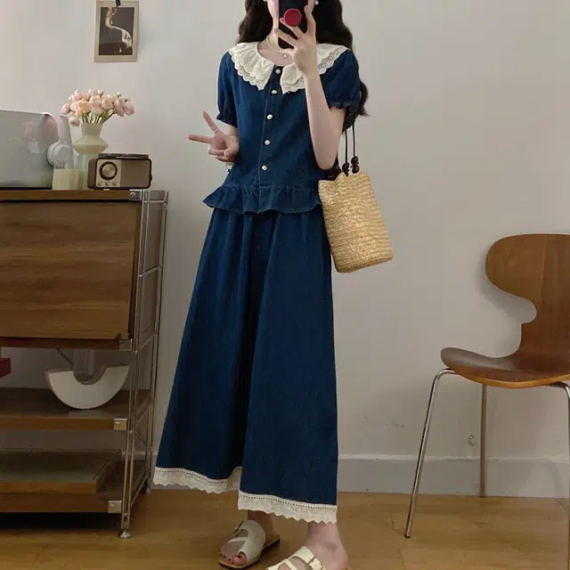 古莲菲 高级感洋气韩版时尚气质显瘦百搭蕾丝拼接牛仔上衣半身裙两件套裙装套装 女款