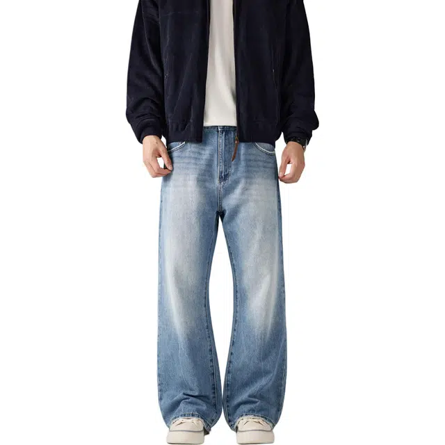 帝狼牛 复古水洗做旧线条设计感浅色宽松直筒显瘦百搭牛仔裤 男女同款