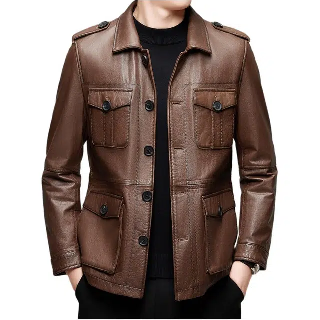 太子龍 头层油蜡牛皮真皮春秋季翻领皮夹克工装多口袋机车服外套皮衣 男款