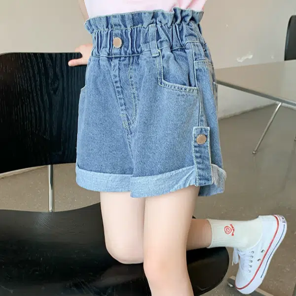 左西 童装 纯色休闲中腰牛仔短裤 女童 蓝色