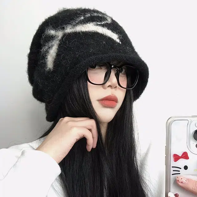 【版型好~秋冬必备】 攸委 蝴蝶结黑色堆堆帽女冬季保暖加厚时尚百搭 涤纶 复古大头围显脸小针织冷帽护耳帽包头帽子 男女同款情侣款