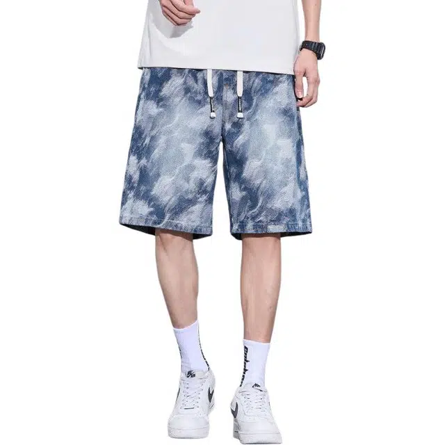 潮人榜 美式高街不规则提花设计感潮流百搭夏季薄款宽松舒适松紧腰抽绳直筒五分牛仔短裤 男款