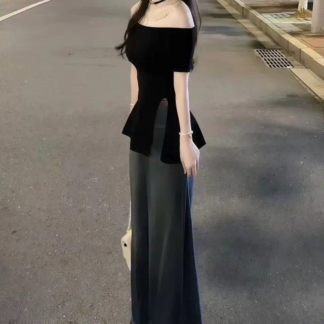 沐晓欣 一字领收腰开叉上衣阔腿牛仔裤休闲套装 女款