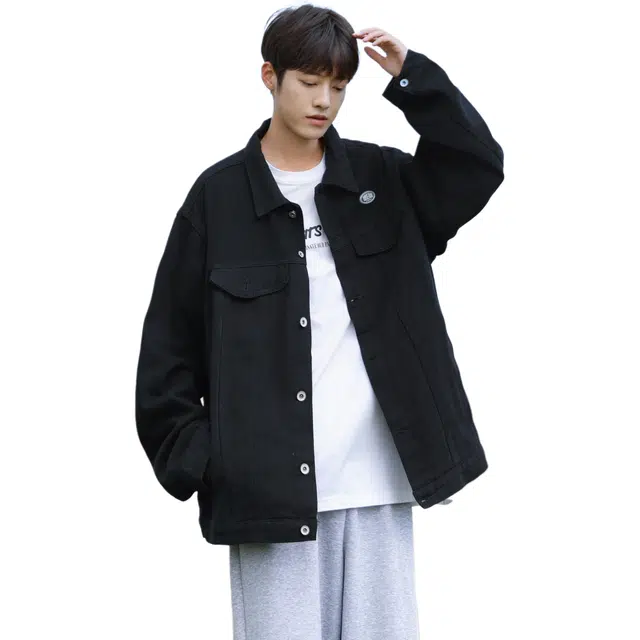 快鱼 美式复古秋款宽松型潮牛仔外套 男女同款