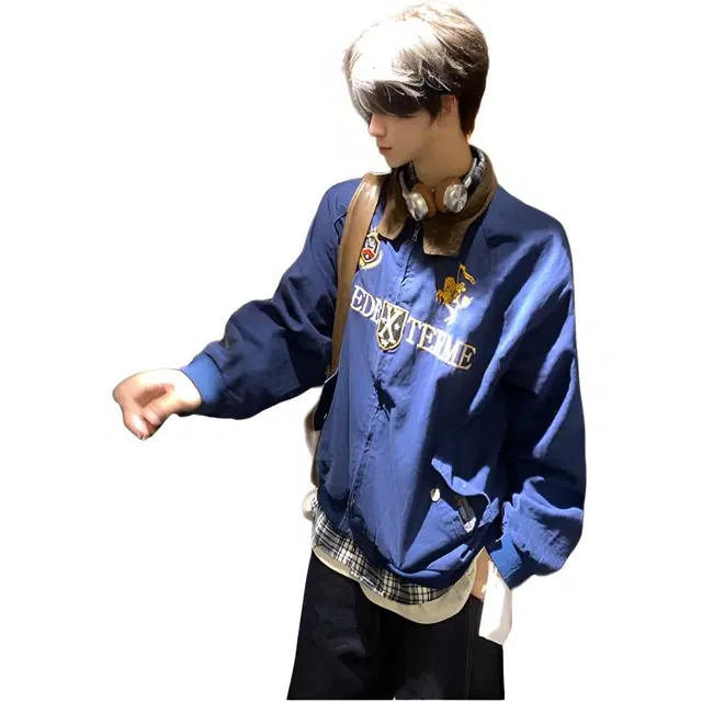 煦加 美式复古设计感刺绣夹克外套 男款 藏青色