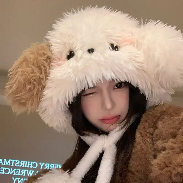 【小狗模拟器~秋冬入】 攸委 可爱卡通腮红狗狗耳朵保暖加厚 涤纶 绒线帽 男女同款情侣款