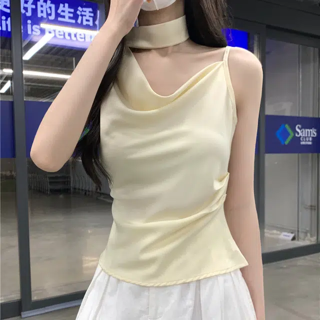 缪斯的诱惑 设计感斜肩荡领挂脖飘带女夏季气质时尚修身短款上衣吊带 女款