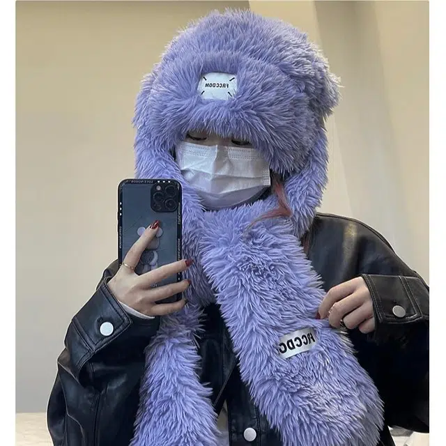 【暖冬必入~甜美小兔】 攸委 可爱长毛兔耳朵毛绒帽子女冬季加厚保暖护耳帽围巾一体两用 涤纶 时尚百搭防寒网红斗篷帽 男女同款情侣款