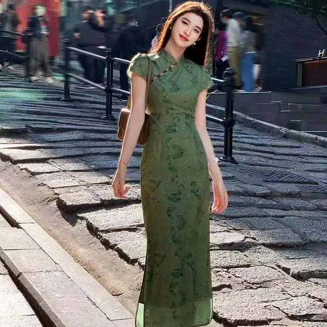 格子苔 丹青绿色新中式碎花改良旗袍女夏小个子短袖连衣裙 女款
