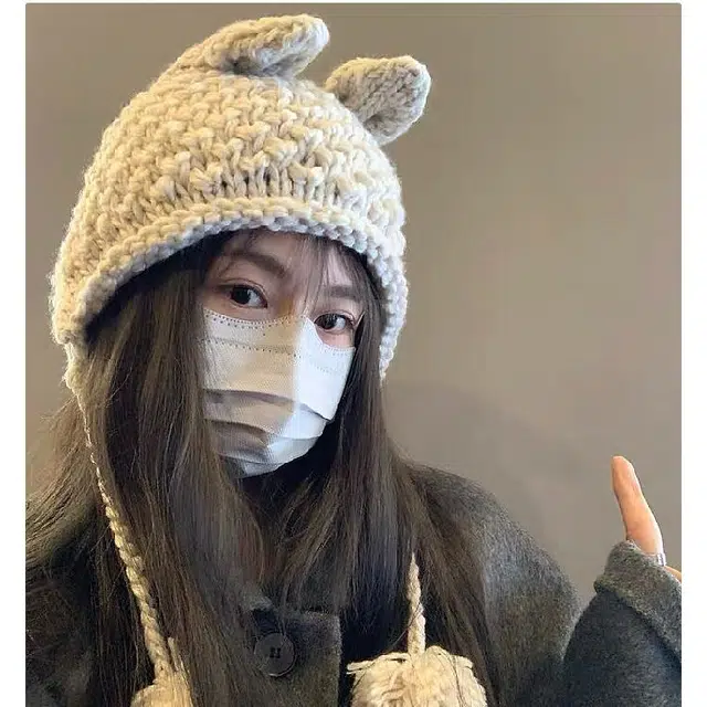 【通勤百搭~可爱小兔】 攸委 复古呆萌手工兔耳朵毛线针织帽子秋冬保暖护耳加绒显脸小 涤纶 户外休闲时尚包头帽绒线帽雷锋帽 女款