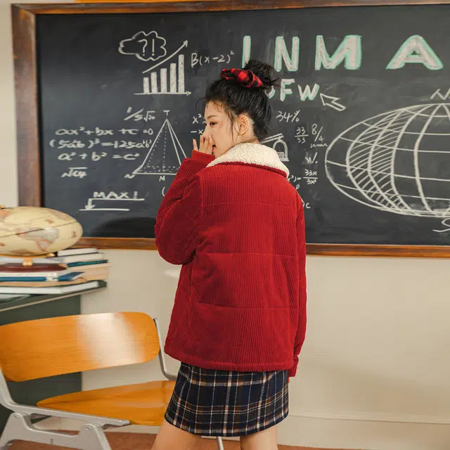 茵曼 纯色灯芯绒翻领休闲棉服 女款 复古红