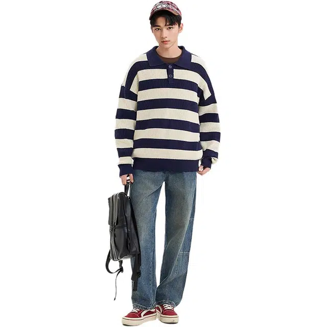 三福 趣味美式宽松横条翻领套头长袖针织衫 男款