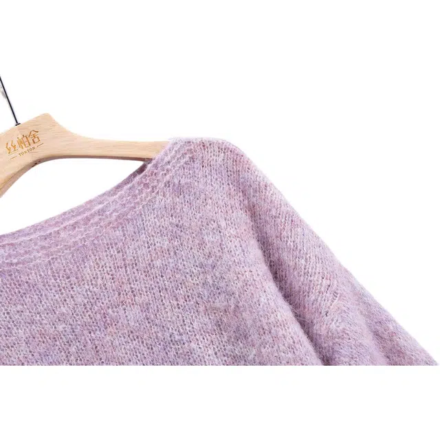 丝柏舍 温柔风宽松落肩袖慵懒短款圆领长袖针织衫 女款 粉紫色