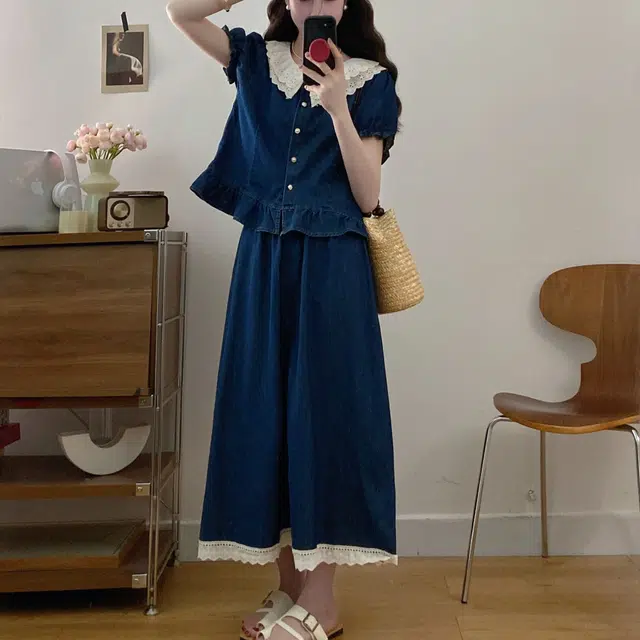 古莲菲 高级感洋气韩版时尚气质显瘦百搭蕾丝拼接牛仔上衣半身裙两件套裙装套装 女款