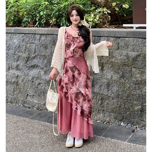 古莲菲 度假风吊带连衣裙碎花度假长裙裙装套装 女款