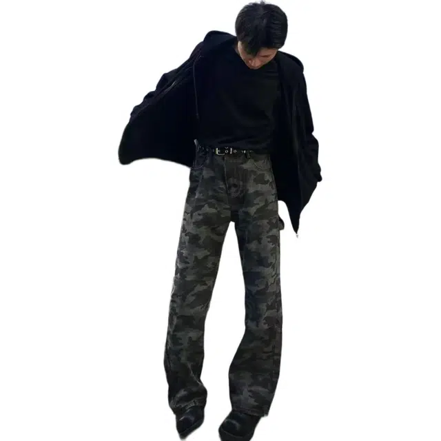 黑衣先生 暗纹迷彩休闲舒适工装裤 男女同款 军绿色