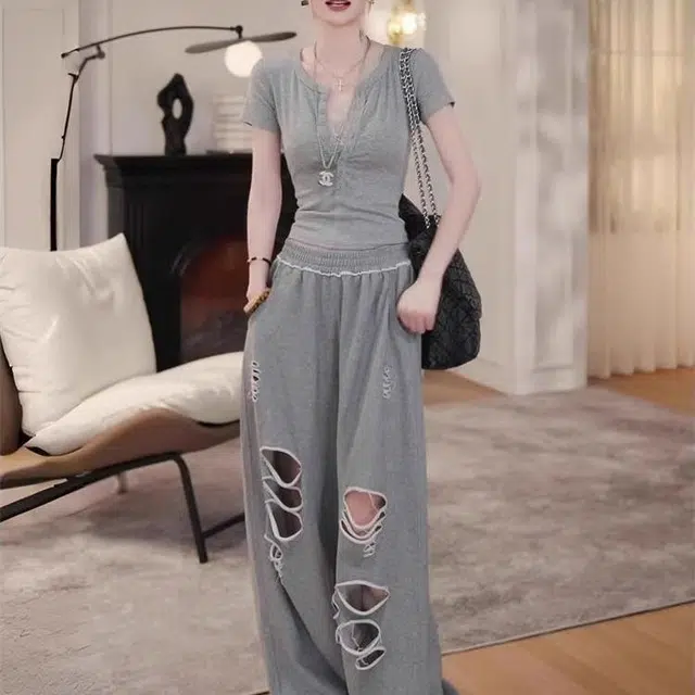 古莲菲 韩系修身拼接短袖破洞阔腿裤休闲套装 女款