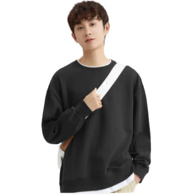 三福 简约假两件设计圆领纯色常规宽松型套头卫衣 男款