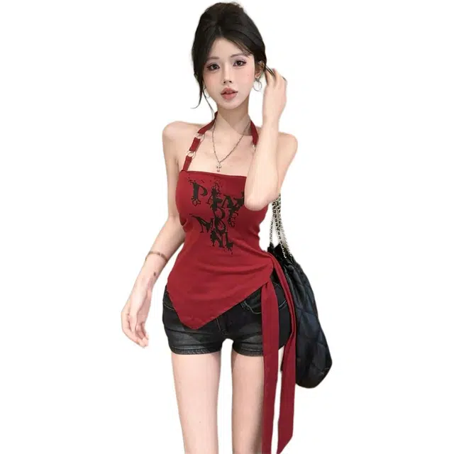 梨九九 美式印花辣妹挂脖露背背心吊带 女款