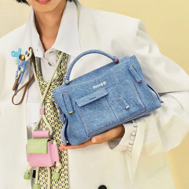 古良吉吉 原创休闲百搭 织物 斜挎手提包 小号 男女同款情侣款 蓝色