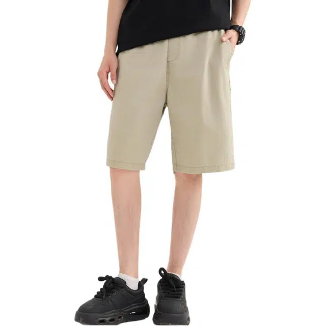 三福 简约宽松橡筋腰直筒裤中腰五分裤休闲短裤 男款