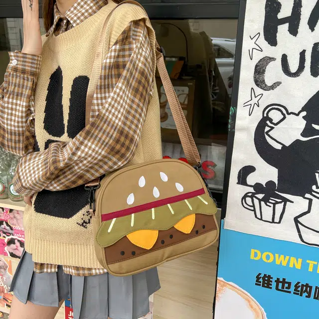 如意士 可爱卡通潮流汉堡小众设计斜挎包 复合布 单肩包 常规 女款 咖啡色
