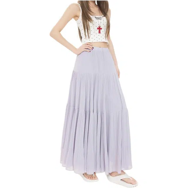 竺妃 温柔风百褶裙法式褶皱垂感大裙摆半身裙休闲长裙 女款