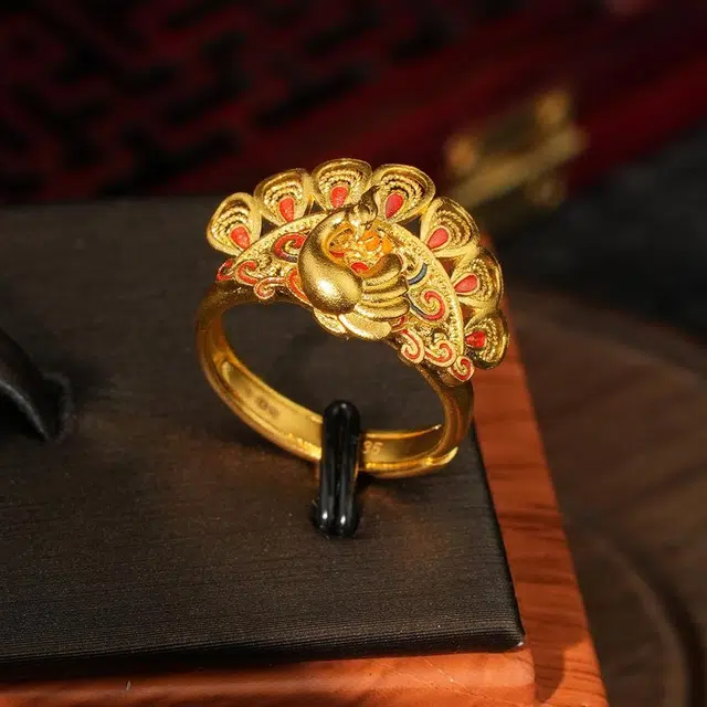 佐卡伊 国风古法金孔雀戒造型口指环可调节 足金 一口价 黄金戒指 女款