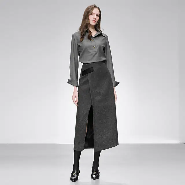 达菲时尚 纯色翻领长袖衬衫半身裙裙装套装 女款 灰色