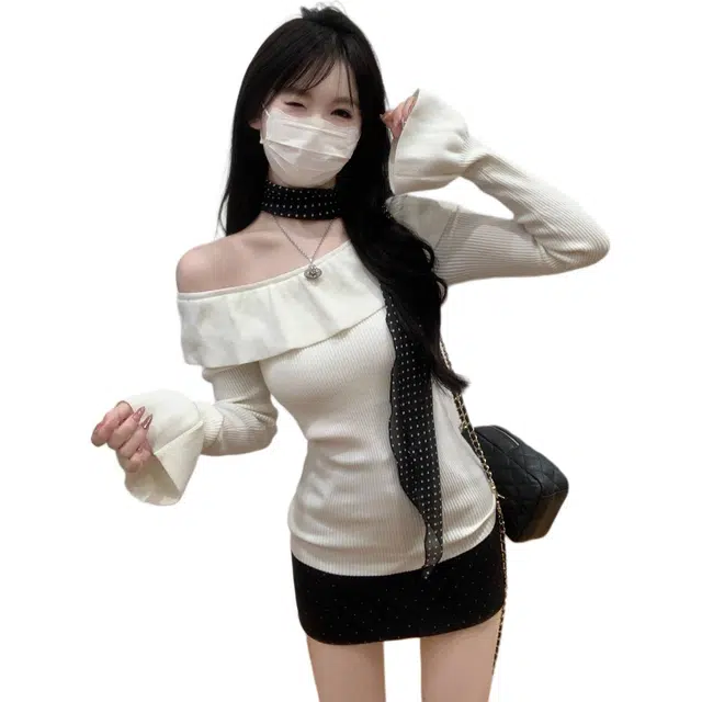 思蓓儿 秋季韩版纯欲温柔荷叶领一字肩修身长袖女针织衫 女款