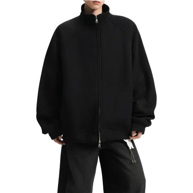 地界二 美式纯色立领开衫运动卫衣男街头潮牌休闲宽松百搭美式纯色立领散口袖宽松型潮夹克 男款