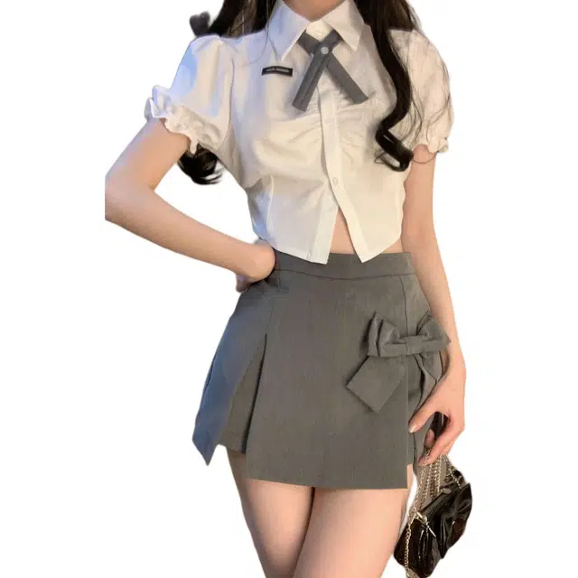 轻迎 蝴蝶结半身裙小个子设计感高腰休闲短裙 女款