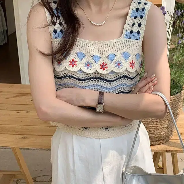 御茶家 法式田园度假风复古镂空钩花民族针织吊带背心 女款 蓝色