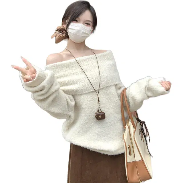 思蓓儿 秋冬韩版慵懒软糯一字肩套头露肩长袖女上衣针织衫 女款