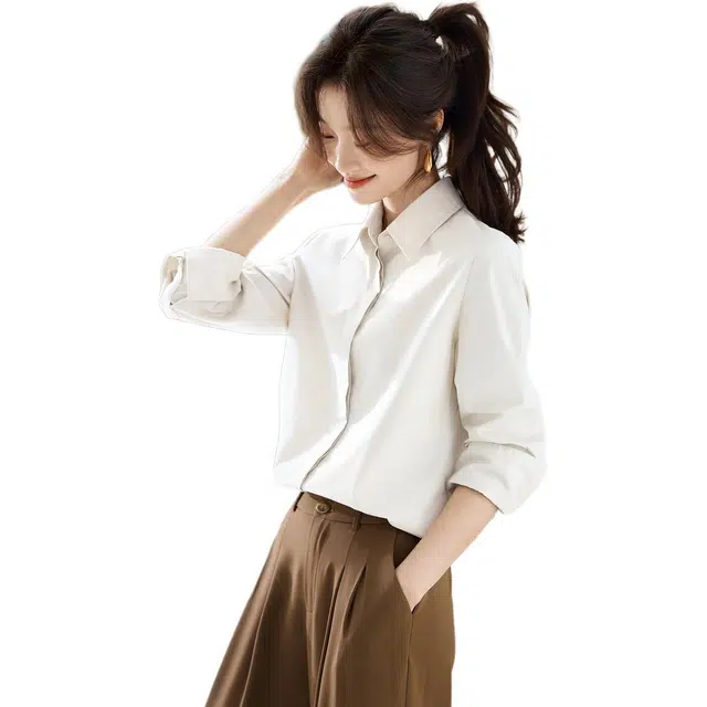 沫晗依美 挺括轻职场纯色常规长袖翻领商务通勤日常便服宽松腰衬衫 女款