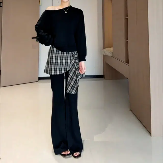 水中花 韩系高级感穿搭一整套女早秋季斜肩卫衣两件 休闲套装 女款