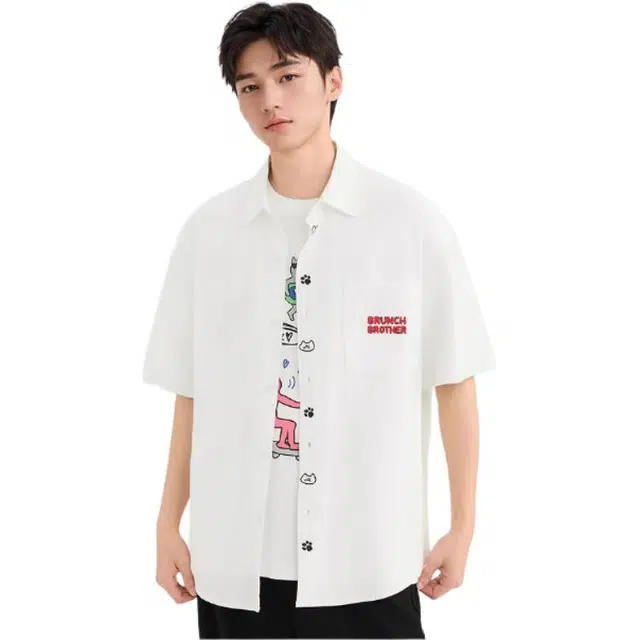 三福 刺绣门襟翻领短袖衬衫 男款