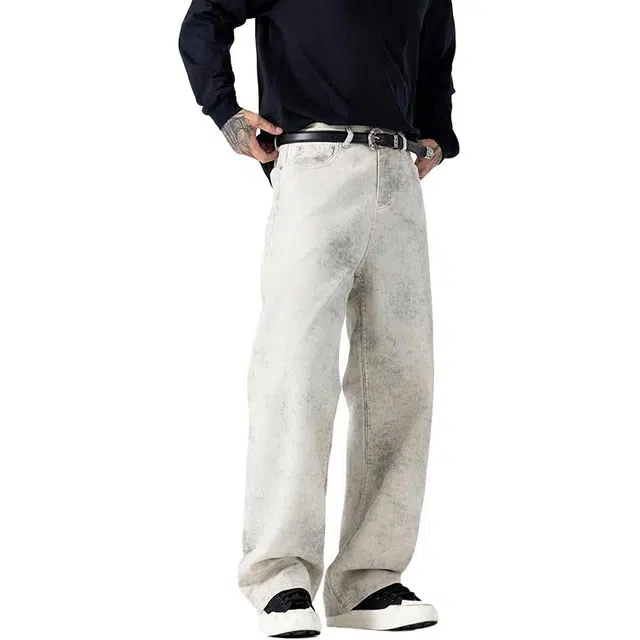 帝狼牛 美式潮牌扎染水洗直筒裤街头百搭潮流工装牛仔裤 男女同款