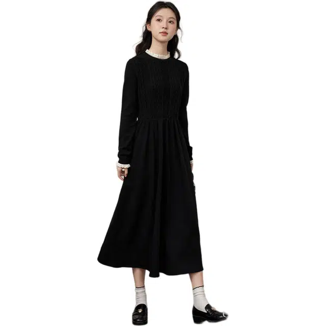 鹿向南 黑色收腰气质长裙女士长袖连衣裙 女款