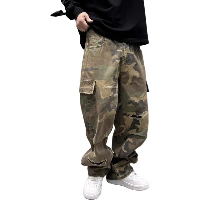 虫小绿 美式复古工装风迷彩直筒时尚潮流设计感宽松舒适百搭休闲裤 男女同款