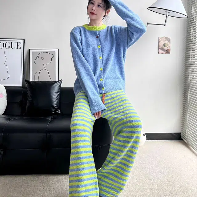 夏芬妍 舒适柔软时尚条纹珊瑚绒家居服加绒加厚蓄温保暖长袖长裤可外穿秋冬款 睡衣套装 女款 蓝绿色