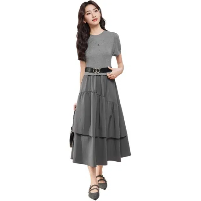 爱依服 拼接设计成熟气质收腰修身型通勤短袖连衣裙 女款