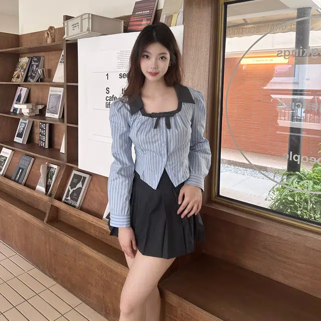 九条喵 拼接条纹收腰长袖衬衫百褶裙裙装套装 女款