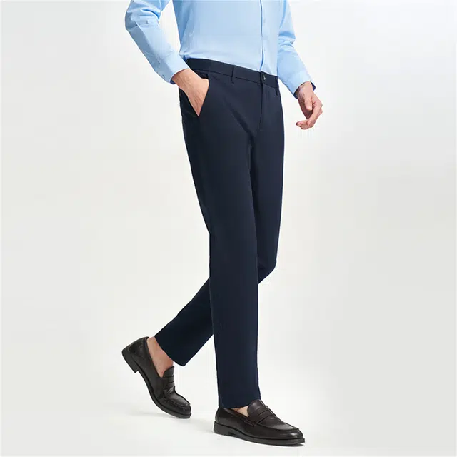 才子 纯色透气中腰拉链直筒休闲裤 男款 深蓝色